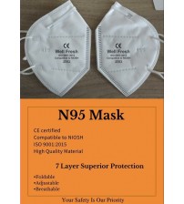 N95 Mask, 7 Layer Superior Protective Disposable Fold-able Face Mask, White Color, CE-Certified, ISO9001:2015, Made In India